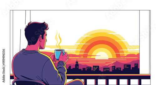 Man enjoying a hot beverage while watching the vibrant sunrise over a distant city skyline