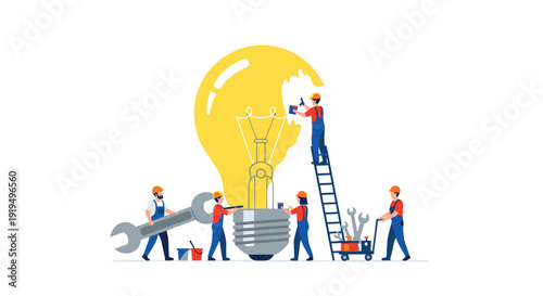 A team of workers collaborates on constructing and repairing a giant lightbulb using wrenches, paint, and ladders.