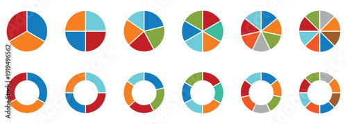 Pie chart set, Circle icons for infographic. Colorful diagram collection with ,3,4,5,6,7,8 sections and steps. Pie chart for data analysis. business, UI, web design. Vector illustration