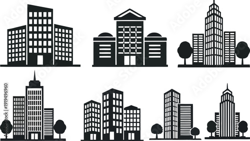 Urban architectural building icons set illustrating modern city skylines and diverse real estate structures, ideal for business and urban development projects