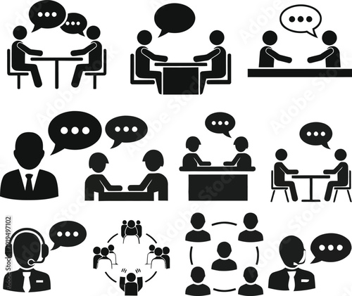 Essential Business Communication and Social Interaction Icons Set - Diverse Pictograms for Meetings, Discussions, Interviews, and Collaborative Activities