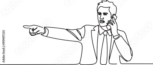 One continuous line drawing of young furious business man pointing finger while calling staff on phone at the office. Business call direction concept. one line Icon drawing
