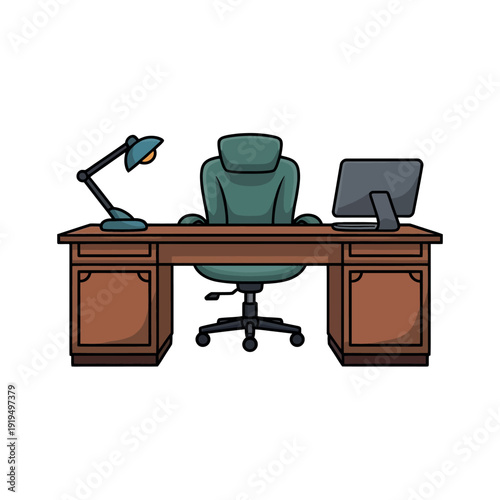 A wooden desk with a computer, lamp, and chair in an office setting.