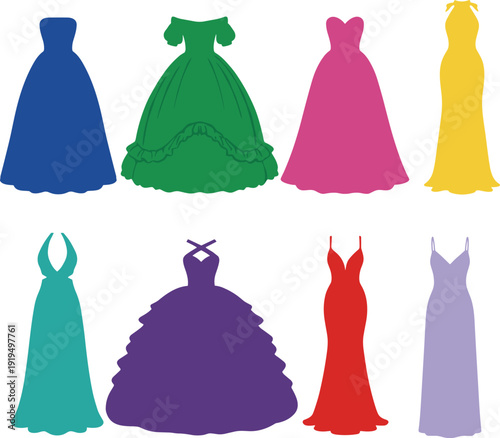 Collection of eight colorful silhouette evening gowns and dresses on white fashion