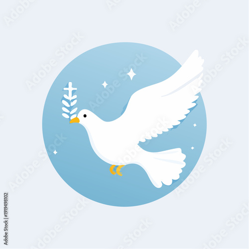 Stylized white dove carrying an olive branch, a universal symbol of peace and hopeful new beginnings