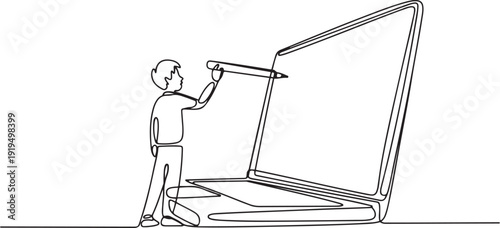 Single continuous line drawing male junior high school student writing on giant laptop screen like he was writing on whiteboard. Learning concept. one line Icon drawing