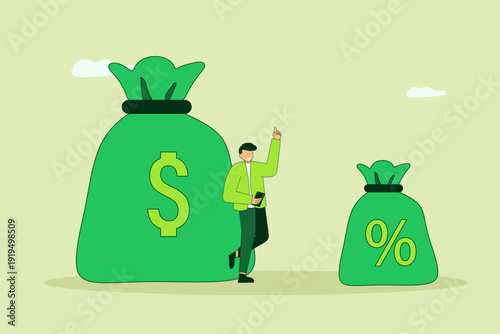 Commission payment, interest rate for loan payment or investment profit percentage, incentive to reward or motivate concept, businessman salesperson standing with money bag