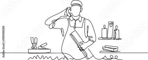 Continuous one line drawing carpenter with call me gesture works in workshop making wooden products. Skills in using carpentry tools. Success job. one line Icon drawing