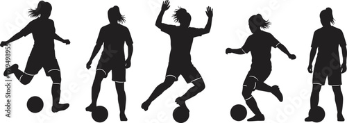 Black silhouette female soccer players women football action poses kicking dribbling jumping running ball sport athlete sequence icons set