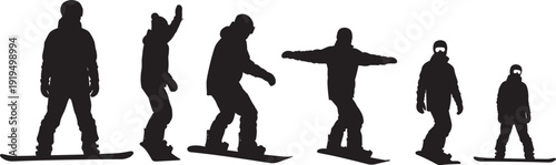 Black silhouette snowboarders snowboarding poses sequence man woman dynamic action riding snowboard tricks carving jumping winter sport icons set