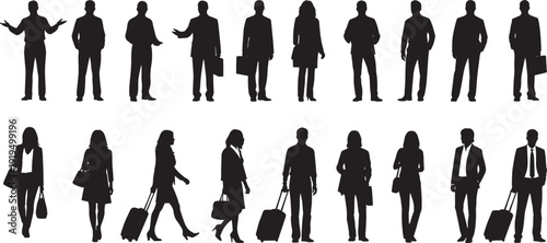 Business People Silhouette Collection, Professional Men Women Standing, Gesturing, Walking with Suitcase, Briefcase, Commuting Office Workers Black Silhouette Set