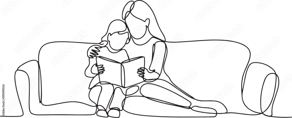 Εκτύπωση καμβά Single continuous line drawing young mother siting on sofa hugging her daughter and reading a storybook at home