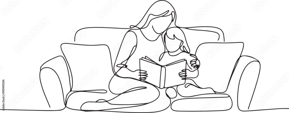 Εκτύπωση καμβά Single continuous line drawing young mother siting on sofa hugging her daughter and reading a storybook at home