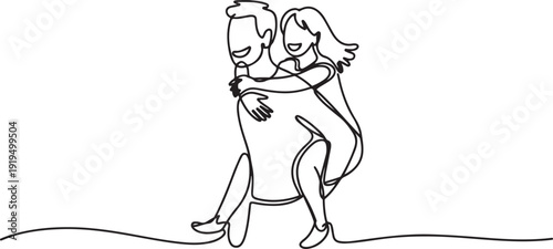 One line draw of diverse man giving woman piggyback ride on walk, both smiling, showing playful affection, support, and shared happiness. one line Icon drawing