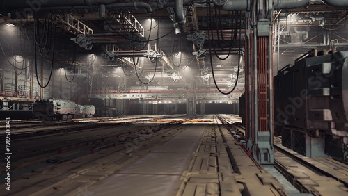 Foto Moody industrial hangar interior with tracks, dim lighting setting cinematic emptiness