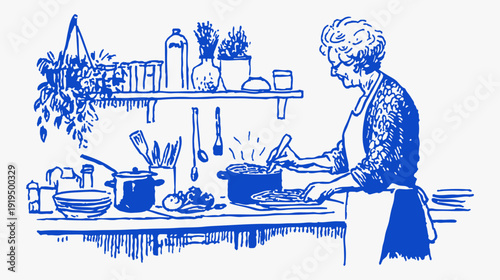 Home soup preparation crayon vintage sketch drawing line. Blue ink illustration of woman stirring pot with steam and herbs. Warm family kitchen cooking scene for menu or food branding.