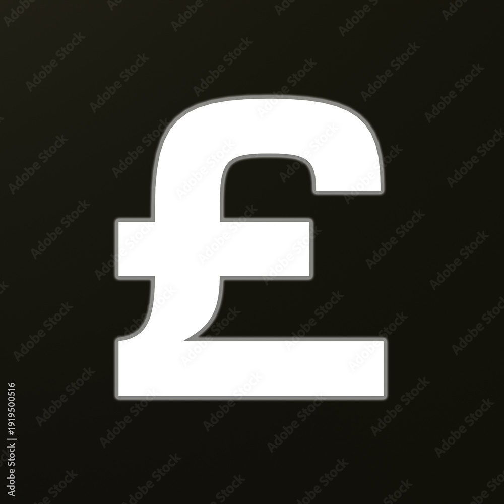Obraz premium White British pound currency symbol. Black background, financial item, investment, United Kingdom currency.