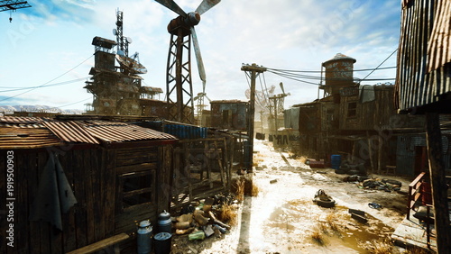 Fotografi sunlit dusty slum street, rusted shacks, cranes and wires puddles and mud glinti
