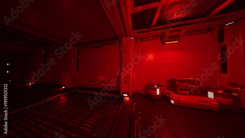redlit cargo bay interior with crates and vents, empty metal floor reflecting crimson glow, industrial ceiling beams and panels, dim emergency lights creating
