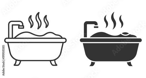 Vector illustration of bathtub icons in outline and solid styles for bathroom hygiene