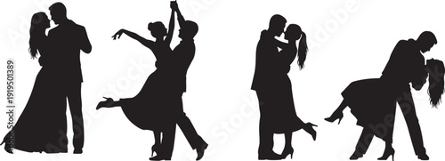 Romantic Dancing Couple Silhouette Set, Passionate Ballroom Dance Poses, Kissing Embrace, Lift Dip, Twirl and Hold Black Silhouette Collection