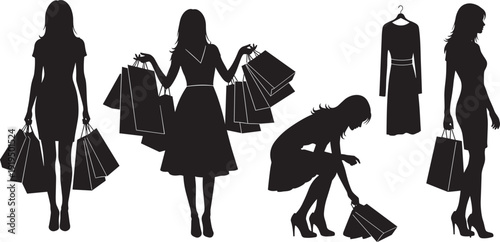 Shopping Woman Silhouette Collection, Elegant Ladies Carrying Shopping Bags, Holding Multiple Purchases, Picking Up Bags, Fashion Dress Poses Black Set