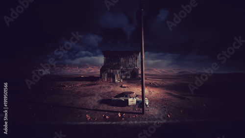 Fotografie lonely shack in desert at night, weathered wooden shack beside leaning telephone