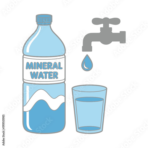 Mineral water bottle glass and tap with a drop of water