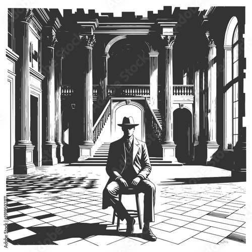 well dressed man sitting on a chair in a vast classical hall with arches and staircase, solitude concept sketch engraving generative ai vector illustration. Scratch board imitation. Black and white.