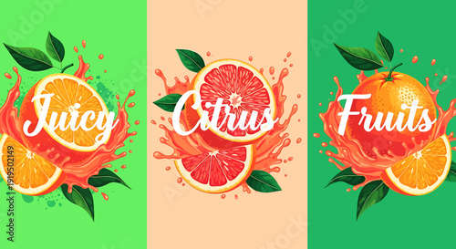 Juicy citrus fruits with leaves and splashes on colorful backgrounds