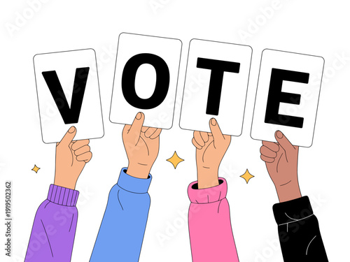 Four diverse hands holding cards spelling out vote together in unity and support