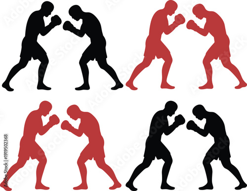 Boxing silhouette vector illustration, fighters in combat stances, sports competition concept, martial arts training design, red and black graphic art