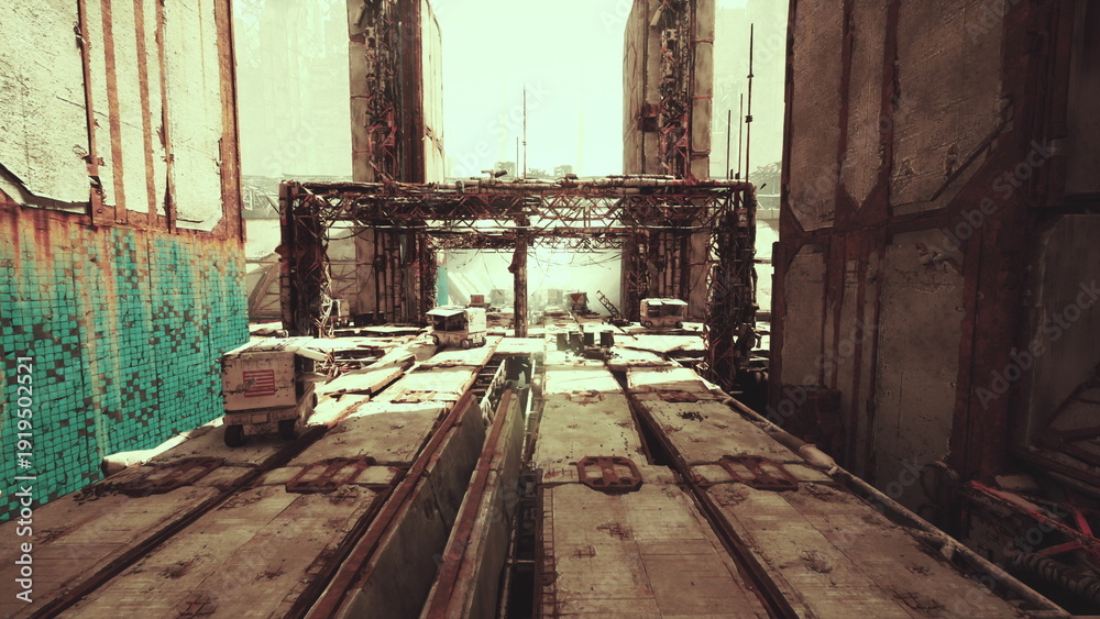 Αυτοκόλλητο industrial freight yard rails cranes sunrise wideangle drone shot of weathered t