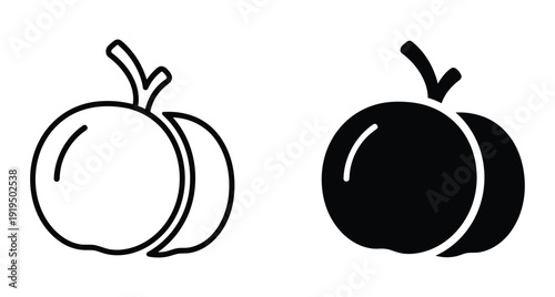 Minimalist peach fruit icons featuring outline and solid black silhouette styles for food