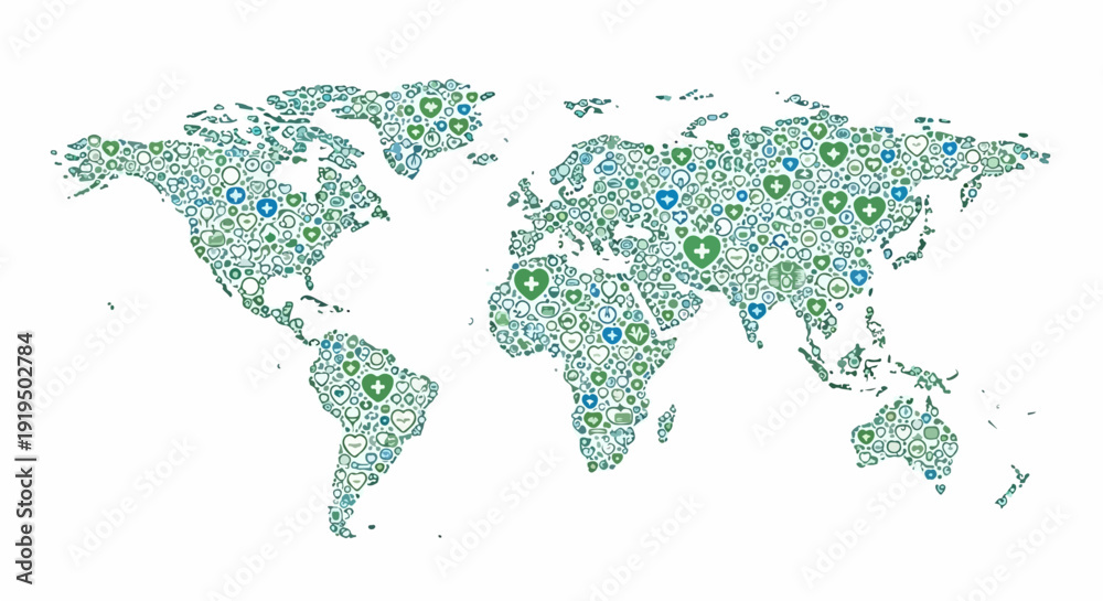 Fototapeta premium World map of icons showing global care. Detailed global care illustration features continents, green, blue symbols for health, environment, social services.
