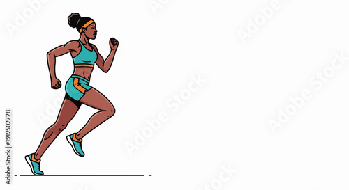 Illustration of woman running with determined expression, wearing athletic sportswear and vibrant sneakers. Dynamic motion of active woman running forward, showcasing fitness and healthy lifestyle.