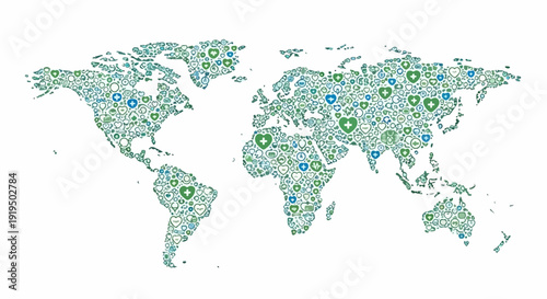 World map of icons showing global care. Detailed global care illustration features continents, green, blue symbols for health, environment, social services.