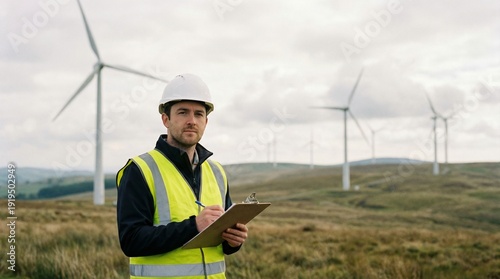 A man in a white hard hat and yellow safety vest stands in a field with wind turbines in the background.