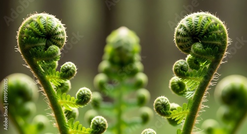 Extreme macro of fern fronds unfolding in morning sunlight showcasing delicate foliage and organic beauty
