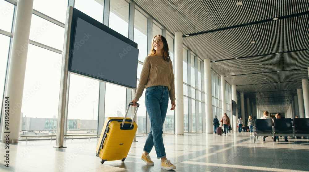 Obraz premium Rear view of woman with suitcase looking at electronic departure board in airport terminal, travel planning, anticipation, journey start, city airport.