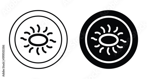 Black and white circular sun symbols with wavy rays for graphic design projects