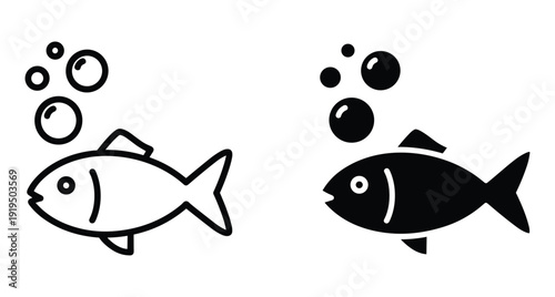Minimalist fish icons with air bubbles featuring both outline and solid black silhouette
