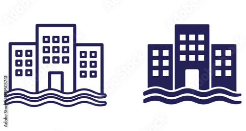 Set of icons showing urban buildings submerged in water during a severe flood event