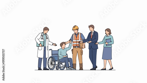 Professional team provides disability support to person in wheelchair, showing care and understanding. Diverse group of doctor, builder, and business people offer help and promote disability support.