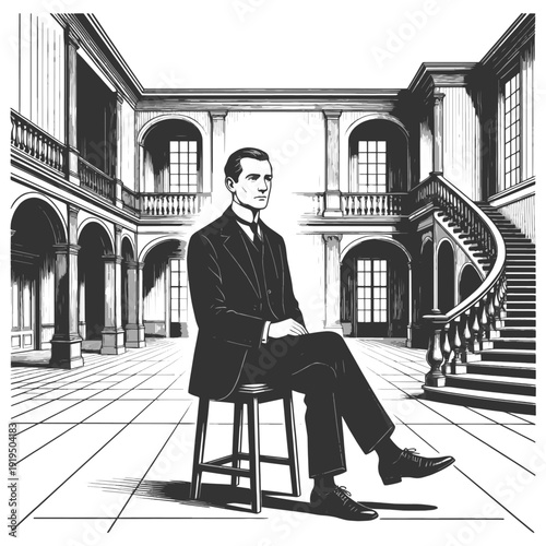 well dressed man sitting on a chair in a vast classical hall with arches and staircase, solitude concept sketch engraving generative ai vector illustration. Scratch board imitation. Black and white.