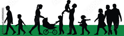 Family life silhouette vector illustration, people walking interacting children stroller couple concept, lifestyle bonding design, social relationship graphic art