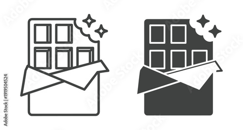 Vector illustration of bitten chocolate bars with open wrappers and sparkles in two styles