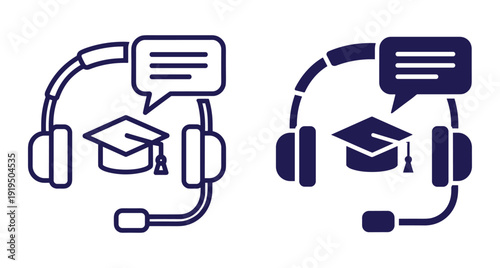 Set of linear and solid icons representing distance learning through headphones and mortarboard
