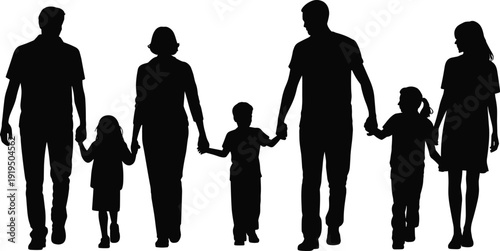 Family unity silhouette vector illustration, adults children holding hands walking together, community togetherness concept, love support design, social bonding graphic art