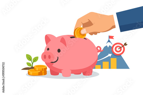 Illustration of investing and saving toward future goals, showing a hand placing a coin into a piggy bank